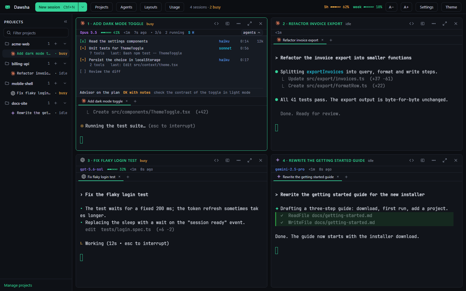 A pane with the sub-agents drawer open next to its terminal