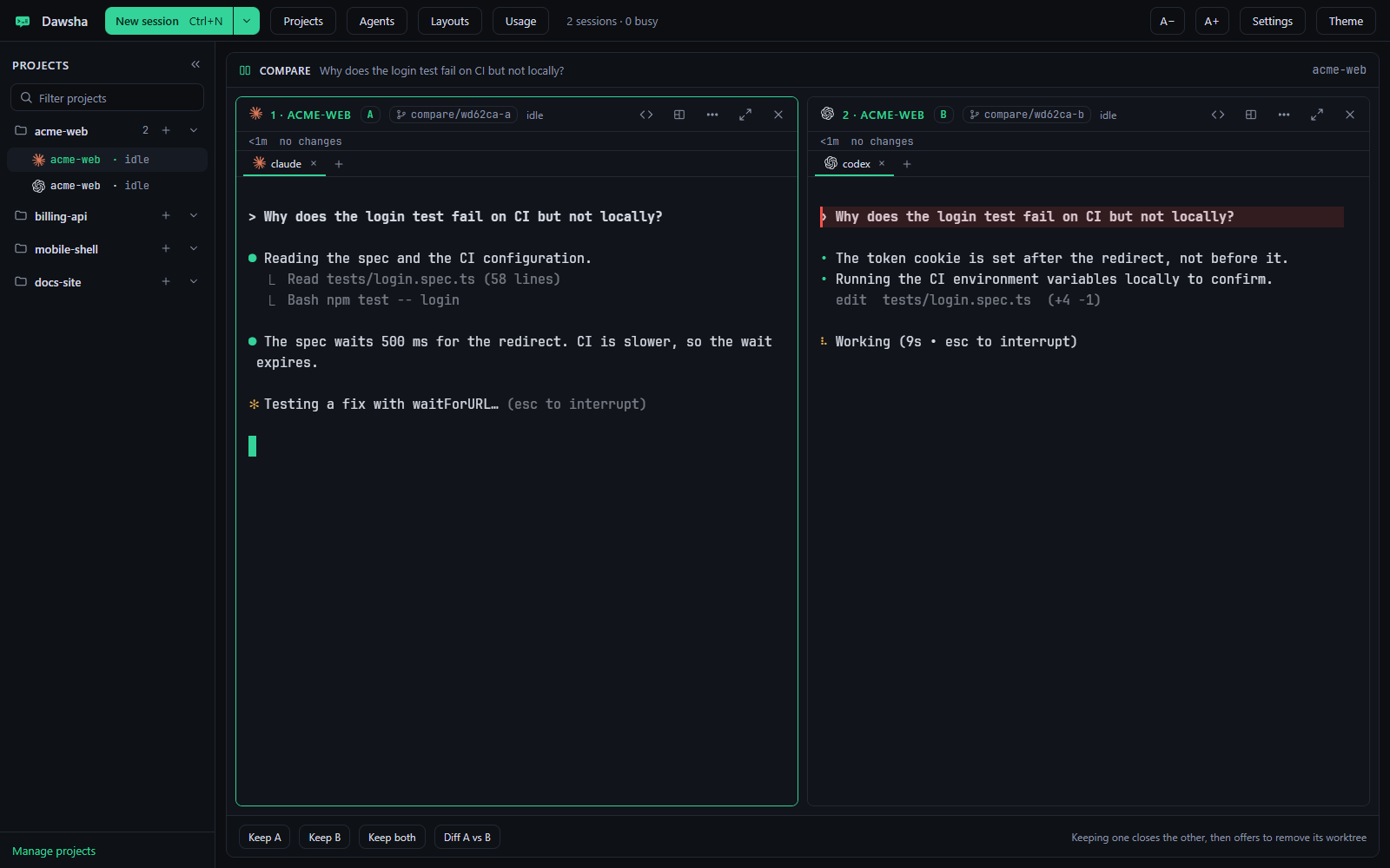 Two agents answering the same prompt side by side, each in its own worktree, with Keep A, Keep B and Diff buttons