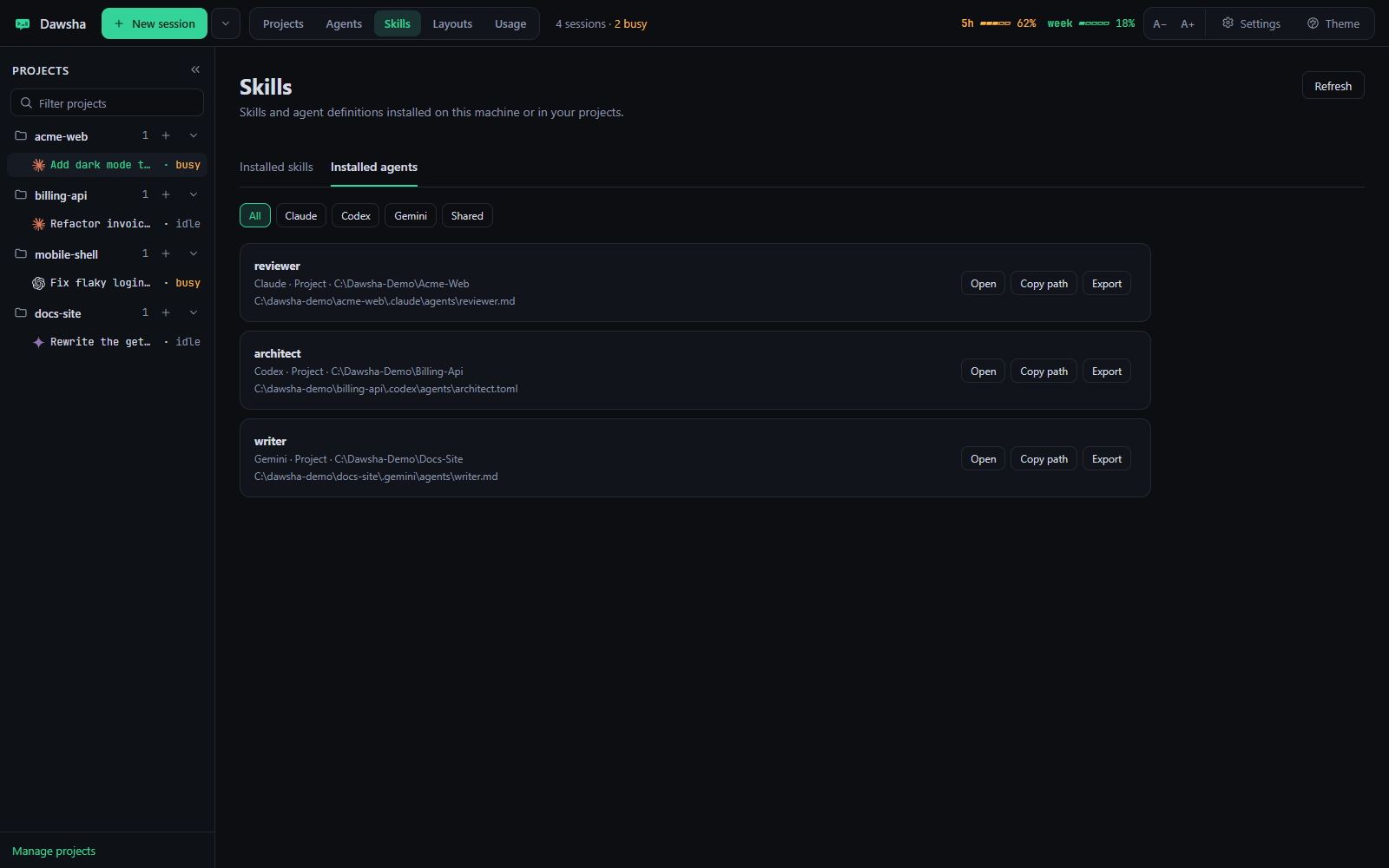 Dawsha Skills tab showing installed agent definitions with their locations