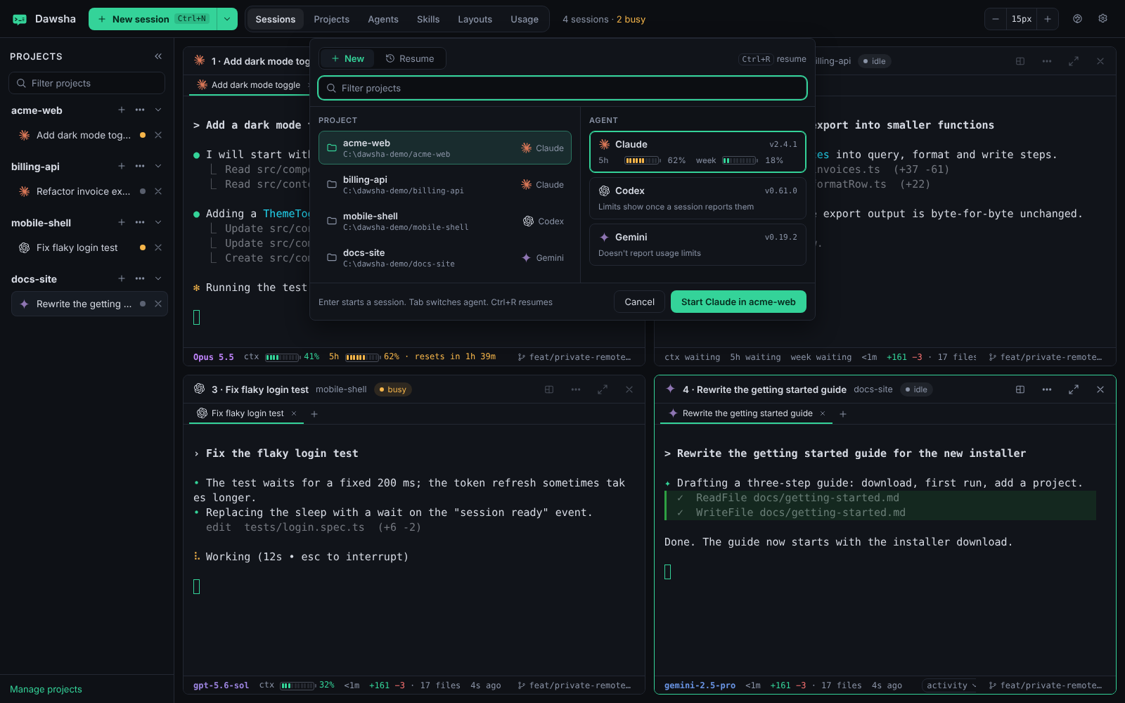 The New session dialog with project cards on the left and Claude, Codex and Gemini cards with versions and limit bars on the right