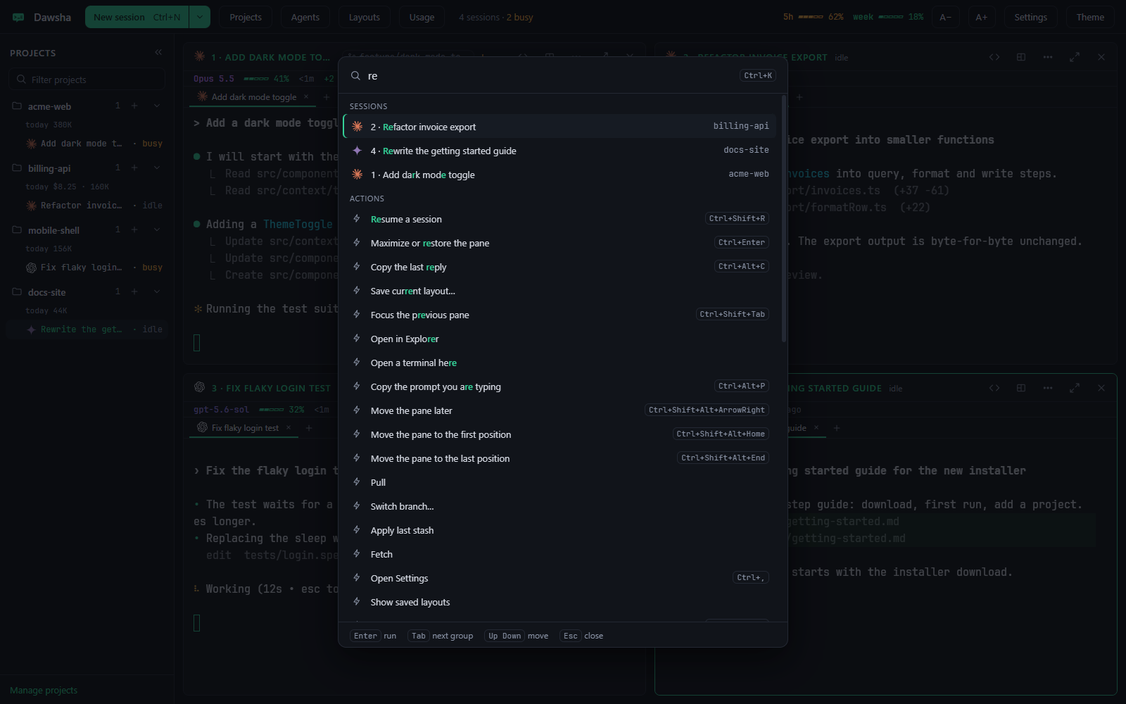 The command palette filtered by a short query, listing sessions, actions and projects