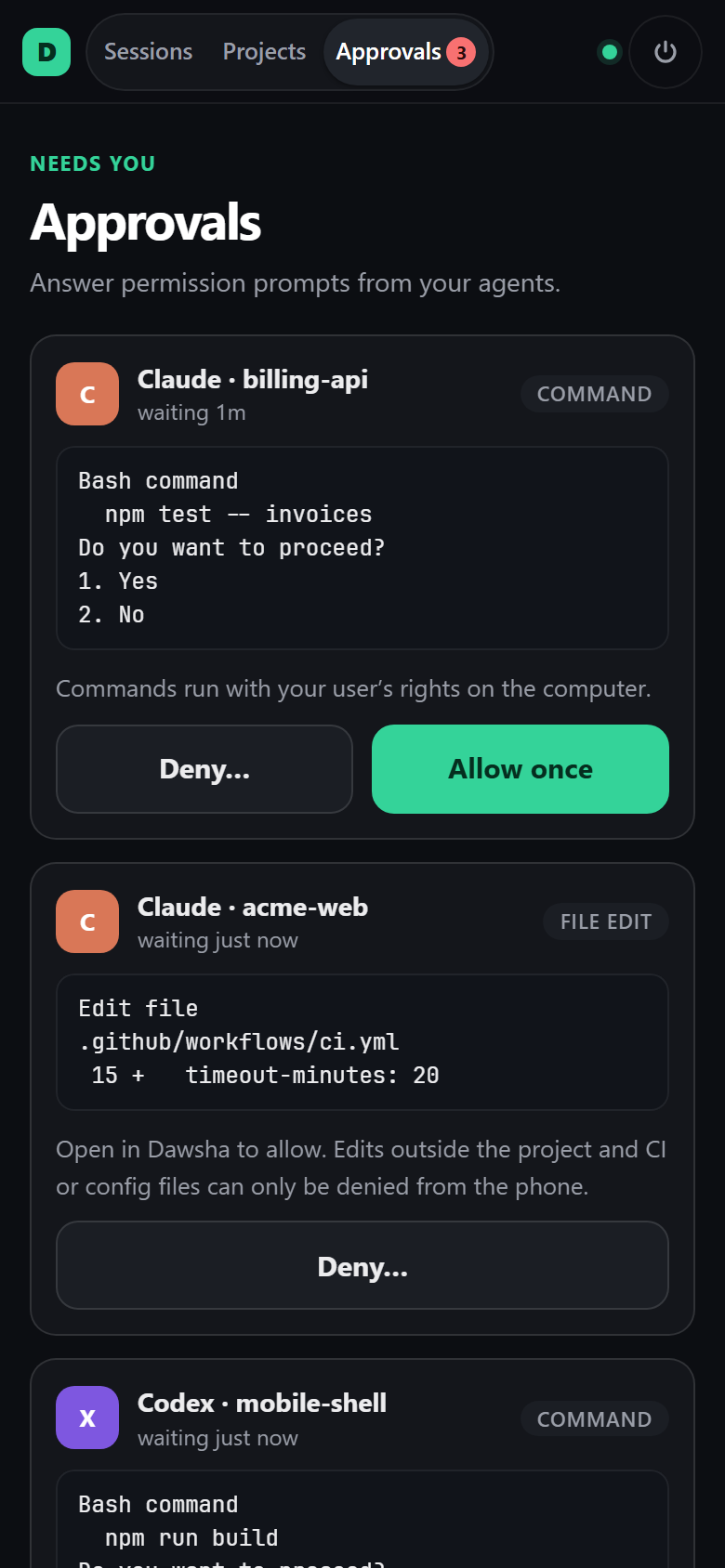 Dawsha Remote on a phone showing the Approvals tab with three agents waiting, each with Allow once and Deny buttons, and a file edit that can only be denied