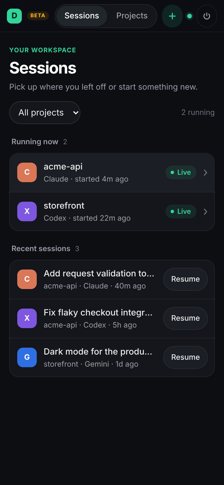 Dawsha Remote on a phone listing running Claude and Codex sessions and recent sessions to resume