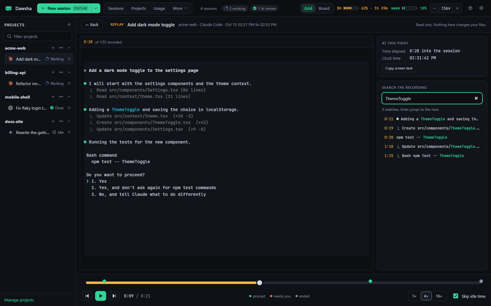 Replay of a recorded Claude Code session stopped at a permission prompt, with markers on the playback bar and a search box for the recording