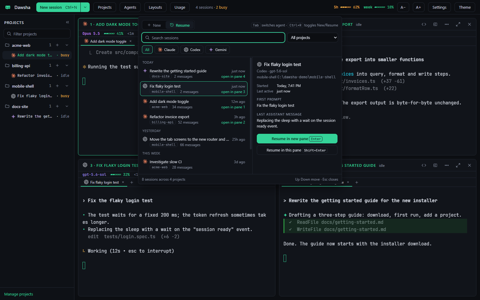 The resume picker listing earlier sessions of all three agents with a preview of the selected one