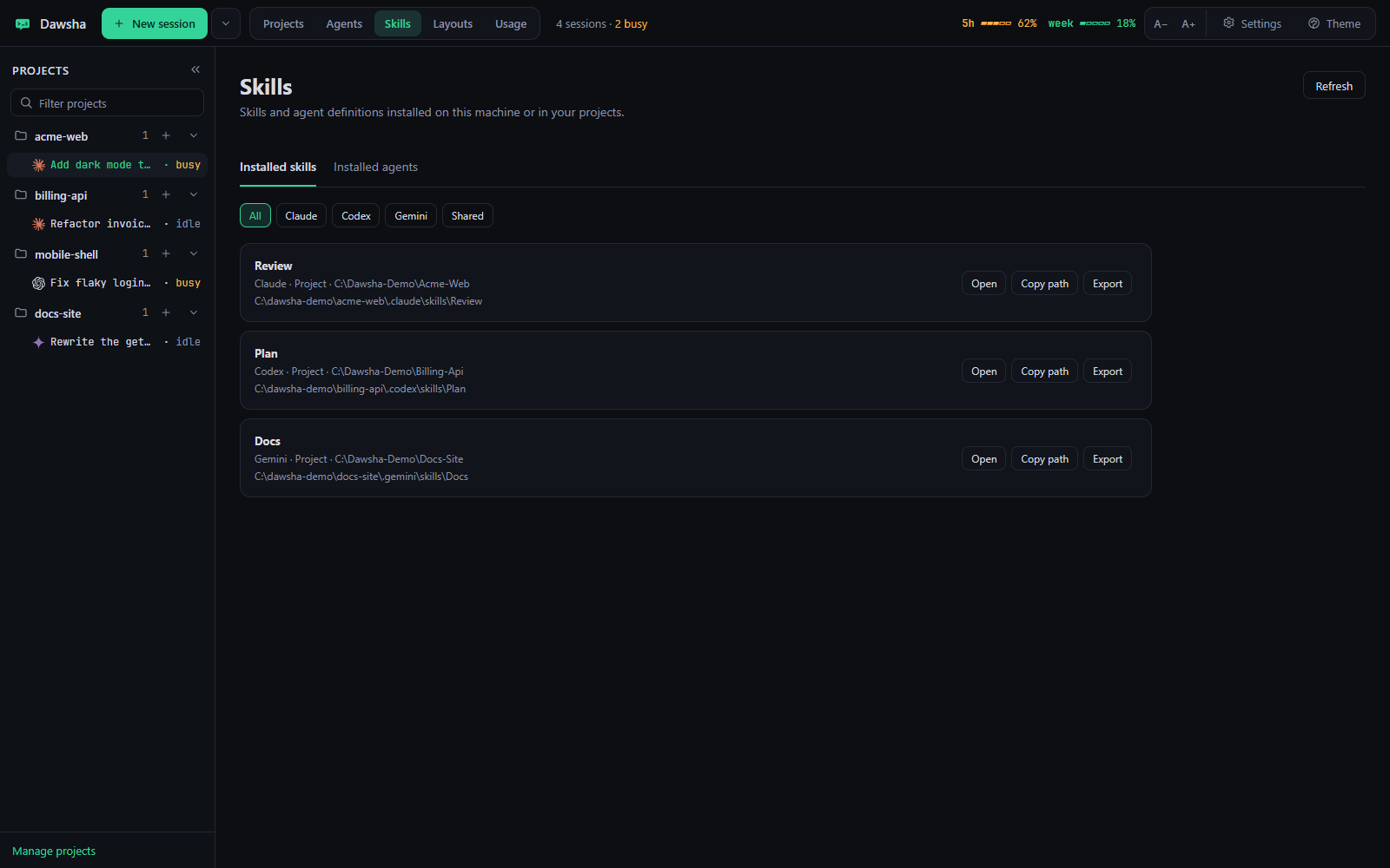 Dawsha Skills tab showing installed Claude, Codex, Gemini and shared skills with their locations